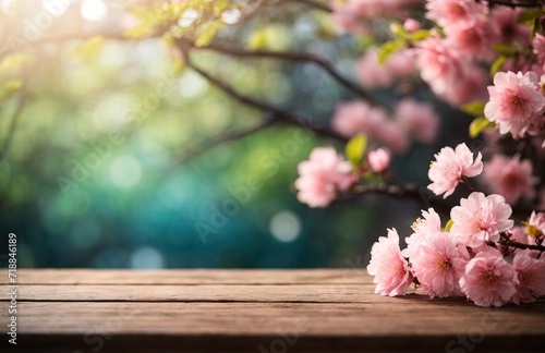 Emmpty wooden table background with branch of sakura flower