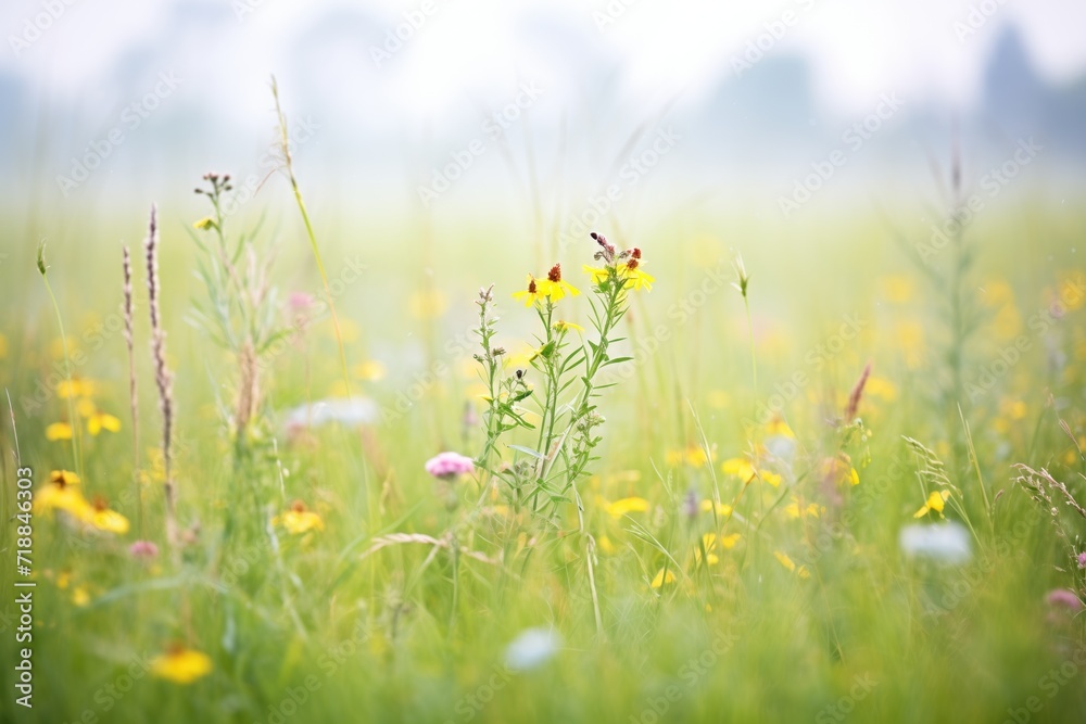 foggy meadow with wildflowers barely visible