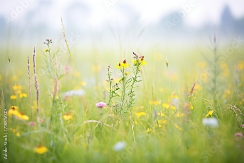 foggy meadow with wildflowers barely visible © primopiano
