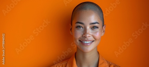 Smiling Woman with Freckles and Orange Background Generative AI