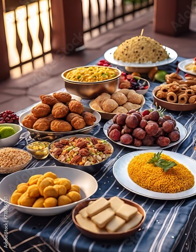 Various Foods on the Table in Eid al-Fitr Celebration for Eid al-Fitr Background © ellenilham