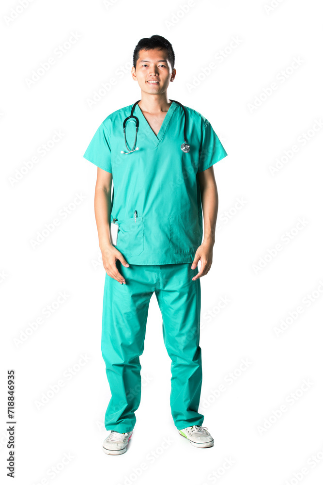 A portrait of a Chinese doctor wearing a green scrubs standing confidently in front of a white background. A portrait of a Chinese doctor wearing a green scrubs standing confidently in front of a white background.