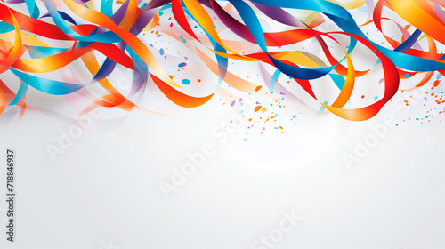 Colorful paper streamers and confetti on white background