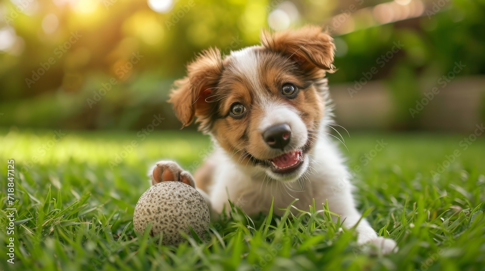 Close-up of a cheerful puppy playing with a ball in a lush green garden