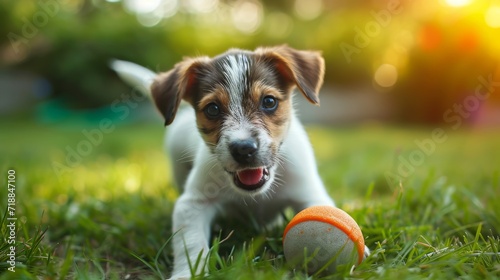 Close-up of a cheerful puppy playing with a ball in a lush green garden