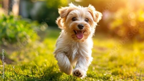 A joyful puppy prances in a garden with the golden sunset backlighting its playful moment © mikeosphoto