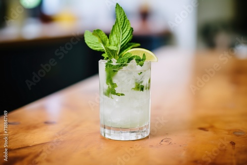 mojito with fresh mint sprig and lime wheel garnish