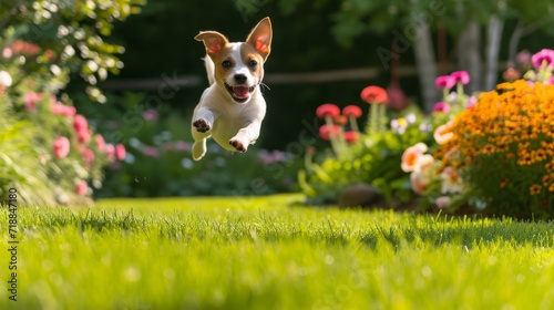 Joyful puppy leaping in the air, action shot. Green lawn and garden flowers in the background