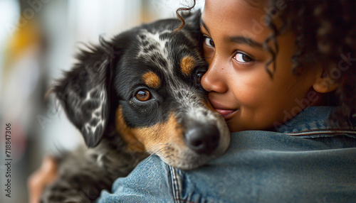 African American young woman embracing her dog. Pleased happy Afro girl gets lovely puppy, plays and embraces four legged friend with love Woman hugs dog. Humans and pets photo