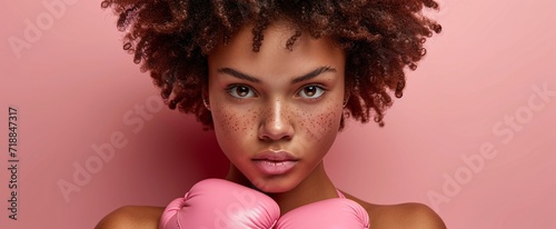 Pink Boxing Glove with a Woman in a Pink Boxing Ring Generative AI © graphic