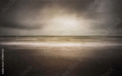 The North Sea photographed with a wooden pinhole camera, captured analogue on film. The small aperture  makes for long exposure times in which sand, sea, water, sky and clouds mix with t photo