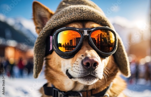 Dog wearing ski goggles and a hat