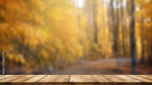 The empty rustic wooden table for product display with blur background of autumn forest. Exuberant image. generative ai