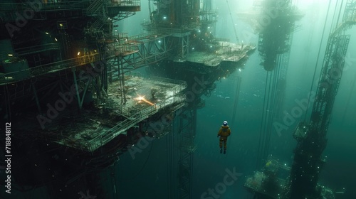 underwater welder repairs the bottom of a ship or an underwater oil platform  close up