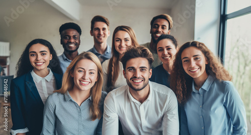 The office comes alive with positivity as a group of businesspeople and their team showcase uplifting body language for a group photo. Generative AI.