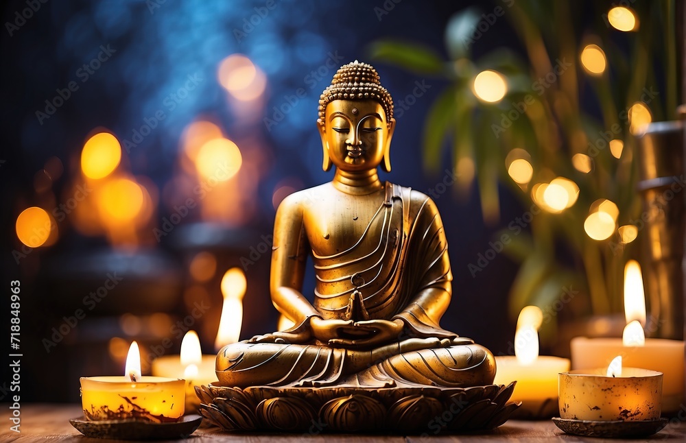 Fototapeta premium buddha statue and candles, bamboo at night atmosphere