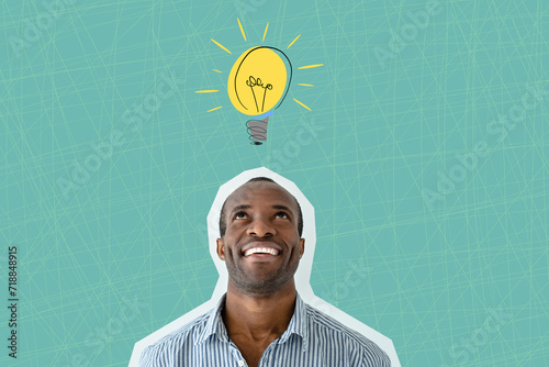 Happy young African American man with drawing lamp, isolated on blue background. Strategy, business, brainstorming, inspiration concept. Art collage