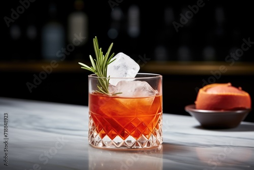 negroni with ice sphere in middle, rosemary sprig garnish