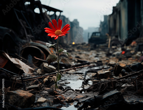 Beautiful red wild flower growing in the ruins of a city #718849105