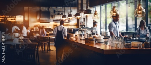 Blur coffee shop or cafe restaurant, Blurred restaurant background with some people and chefs and waiters working, Generative A