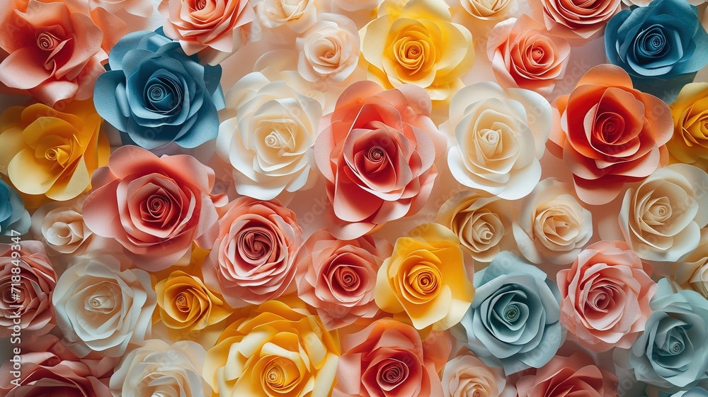 Backdrop of colorful paper roses background in a wedding reception with soft colors Backdrop of colorful paper roses background in a wedding reception with soft colors