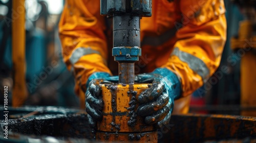 A close-up of the hands of an oil rig worker, wearing gloves and handling heavy drilling equipment, with focus on the precision and skill required for the job