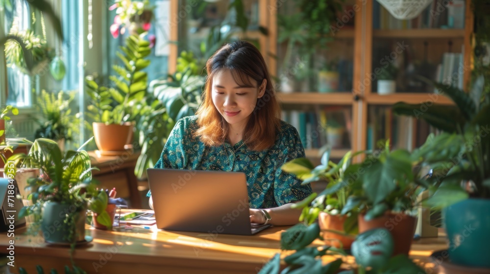 Asian woman working on laptop in home office Asian woman working on laptop in home office