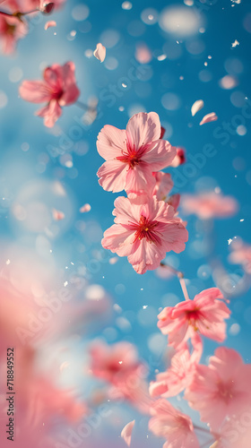 cherry blossom on blue sky background, vintage toned © Andsx