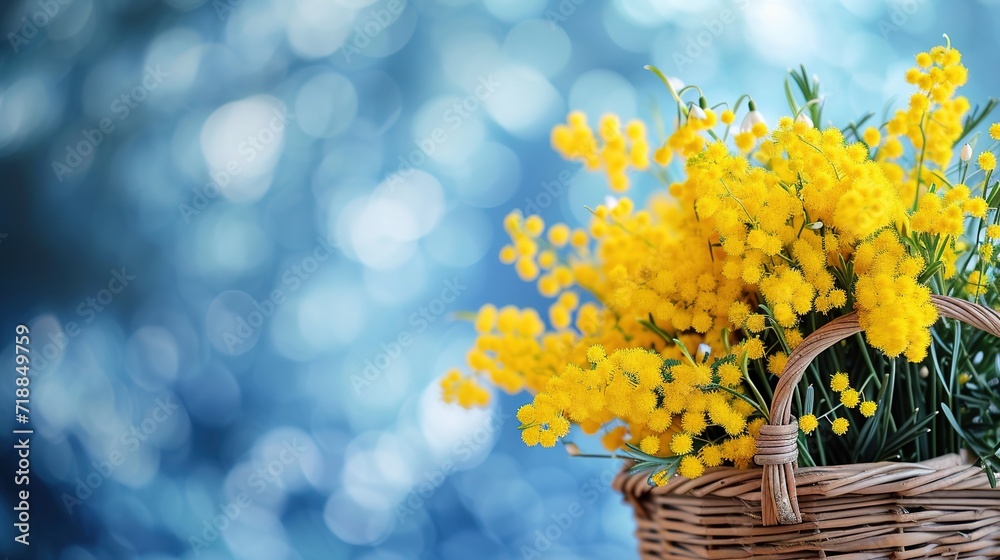 Basket of yellow mimosa flowers snowdrops on a blue spring background