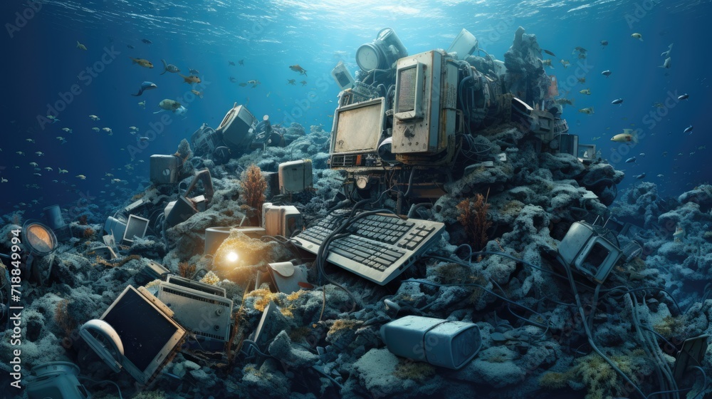  hard to recycle mass production computer hardware and garbage under water of sea