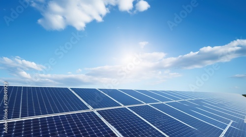 Solar battery under blue sky. Green economic energy. Regenerative power farm. Modern solar power plant.