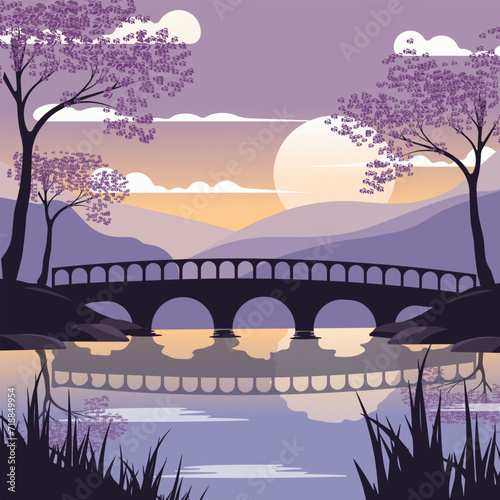 Vector flat spring or summer landscape with bridge and river at sunset. Illustration in dark gray and purple tones.
