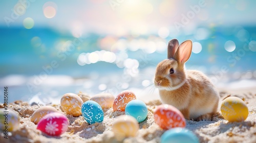 Beach Easter background with bunny and color eggs near ocean