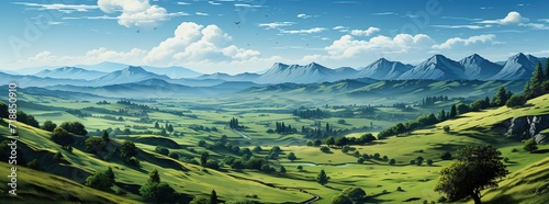 Summer landscape with a mountain village in the mist. Created with Ai