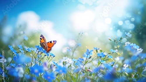 Beautiful blurred spring nature background with blooming meadow and blue sky on a sunny day. Butterfly and delicate blue flower