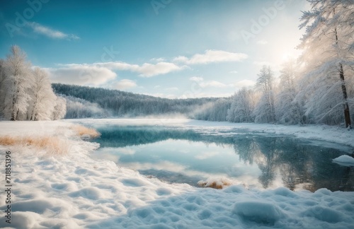 Winter wonderland scenery with crystal clear lake in forest on cold sunny day