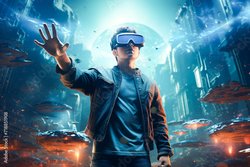 Metaverse technology concept. Man in VR headset or 3d glasses of virtual reality looks and interacts with holographic interface of VR or AR simulation
