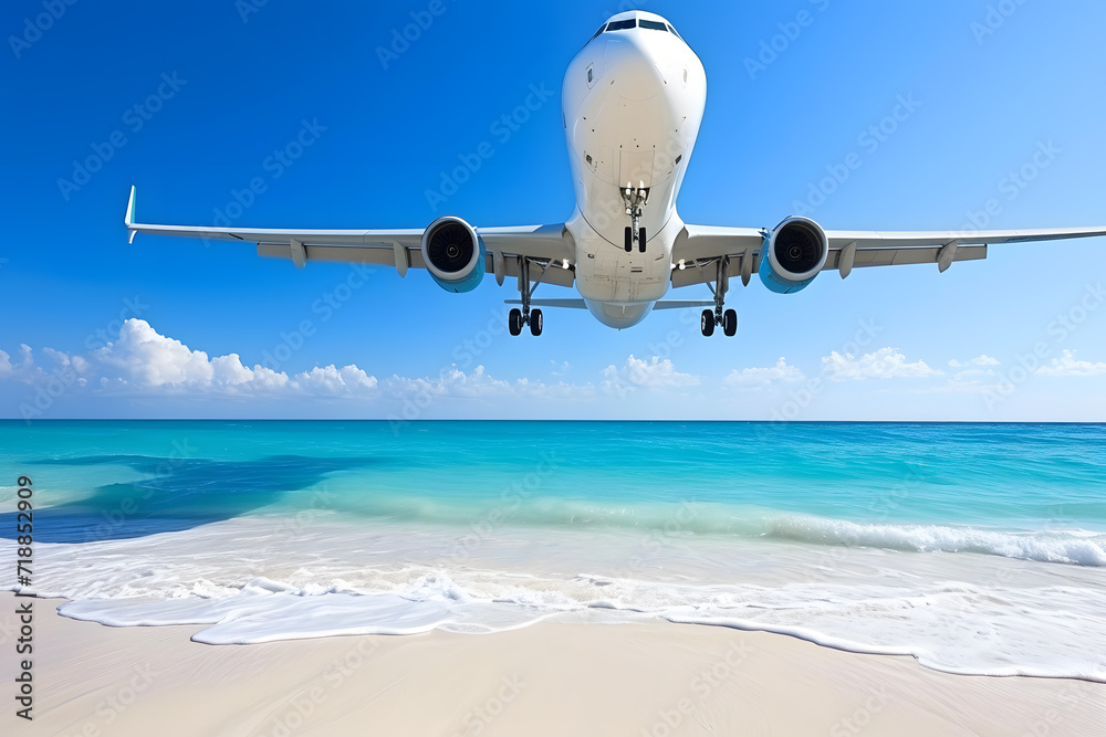 Photo of white plane landing. The plane flies low over the beach and water.