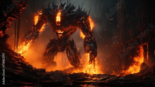Monster robot with molten lava background hell.