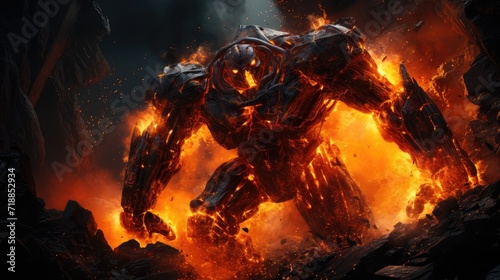 Monster robot with molten lava background hell.