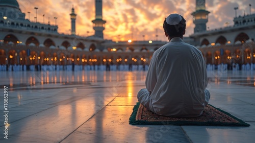 Sunset Meditation: A Muslim Man in Prayer Generative AI