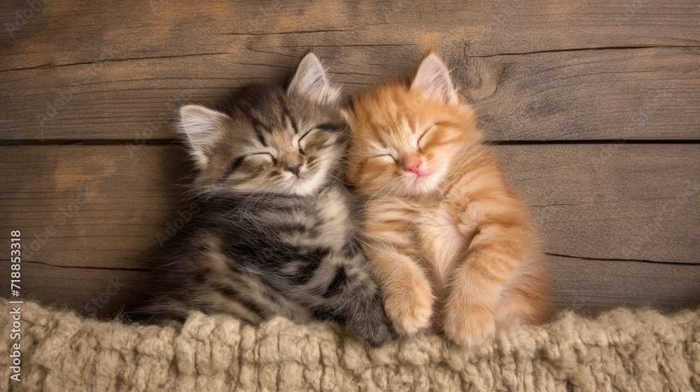 Two kittens are sleeping in an embrace. 