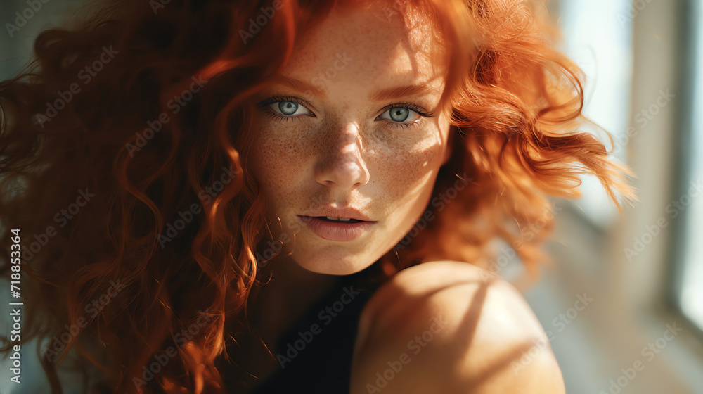 Red curly hair woman. AI generated image. Red curly hair woman. AI generated image.