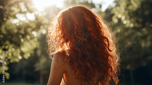 Red curly hair woman. AI generated image. photo