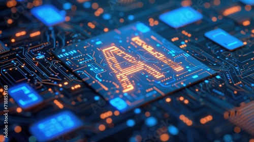 a circuit board, illuminated by blue lights that lend it a high-tech, futuristic feel, showed AI artificial intelligence letters, generative ai