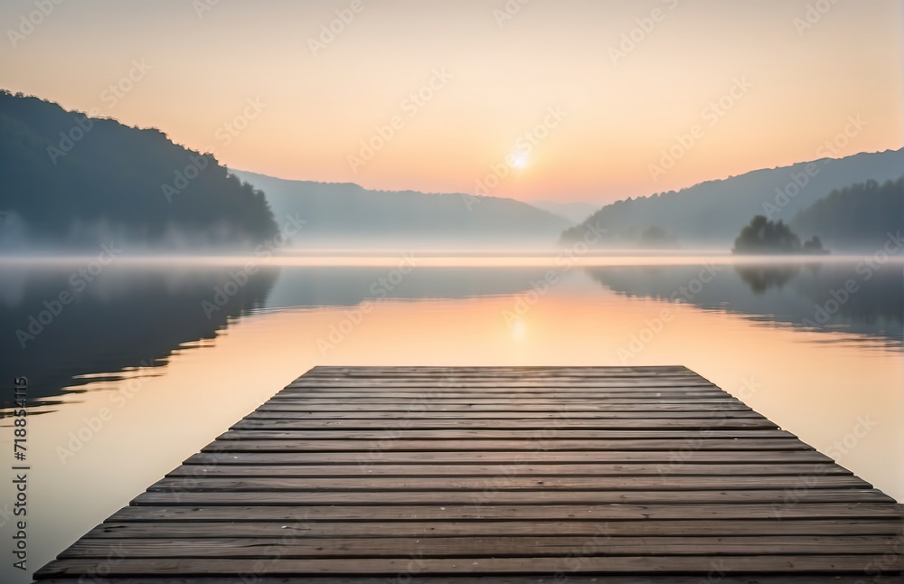 Rectangular lake dock, beautiful sunrise, foggy, calm water