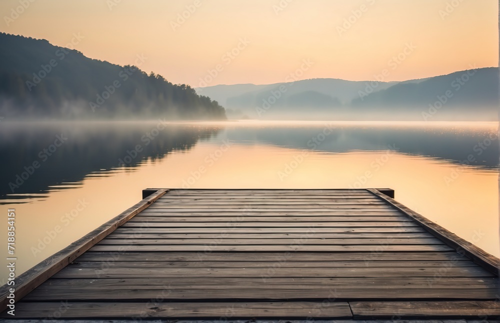 Rectangular lake dock, beautiful sunrise, foggy, calm water Rectangular lake dock, beautiful sunrise, foggy, calm water