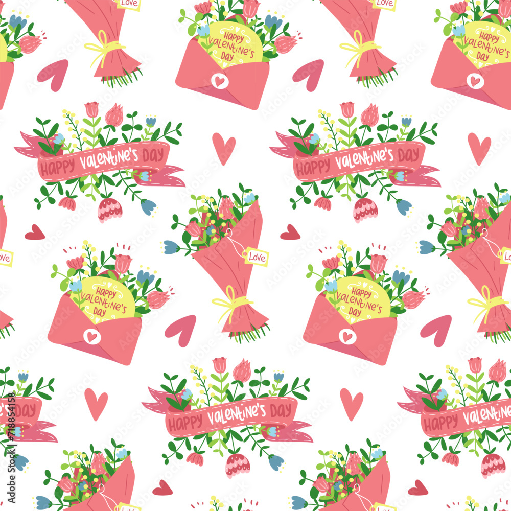 Pattern with envelopes, ribbons, bouquets of flowers for Valentine's Day in a flat style. Cartoon isolated illustration with flowers. Congratulatory texture in the form of a seamless ornament. Holiday