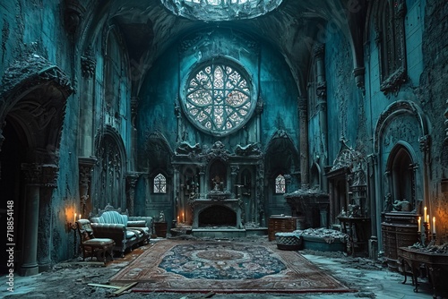 Abandoned Church with Blue Tinted Windows and a Blue Rug Generative AI