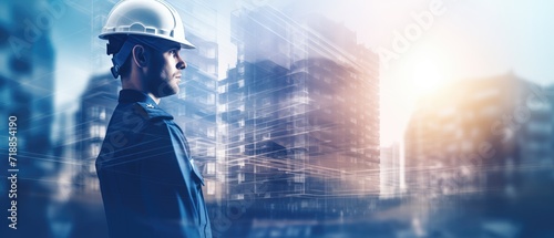 double exposure photography of man engineer in uniform and the construction building photo